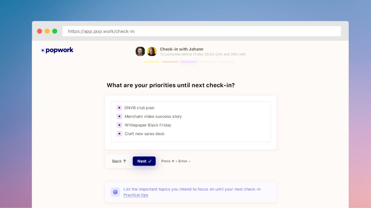 Screenshot of a Popwork check-in