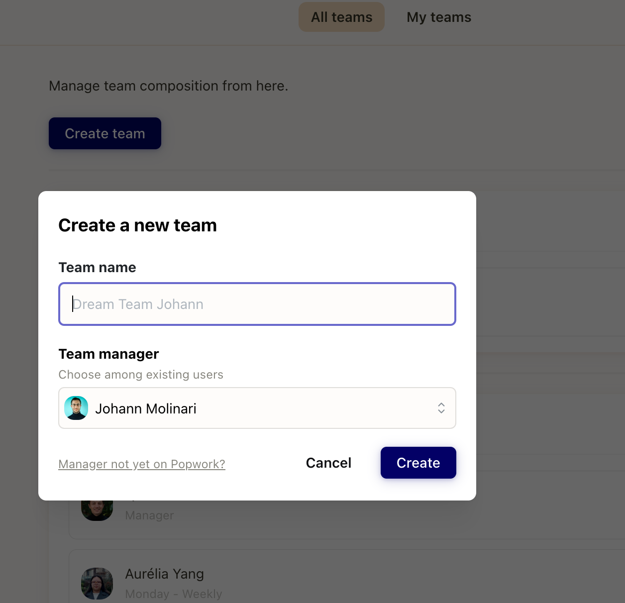 Create a new team card in Popwork