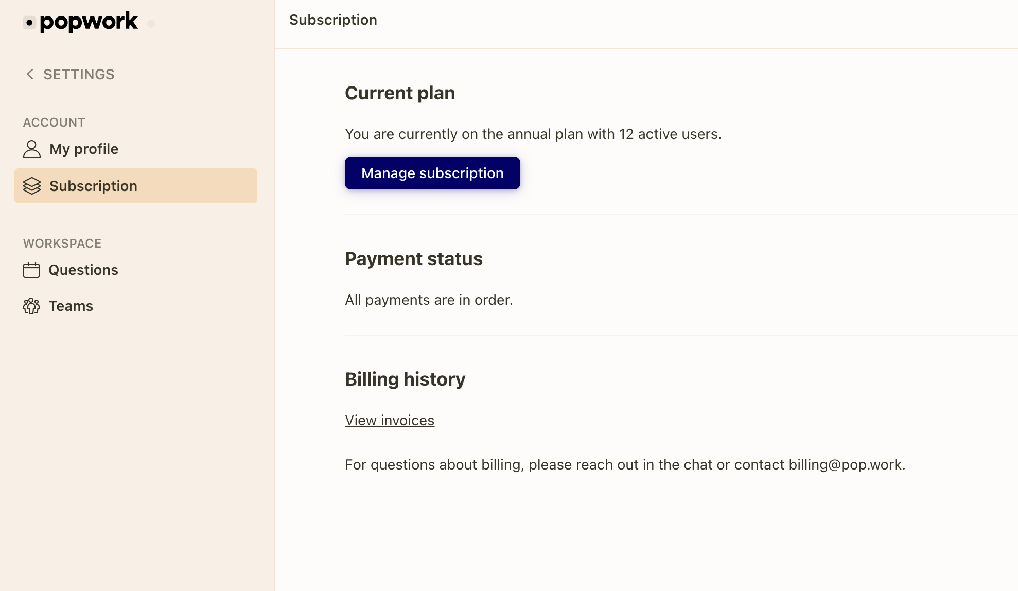 Subscription settings in Popwork