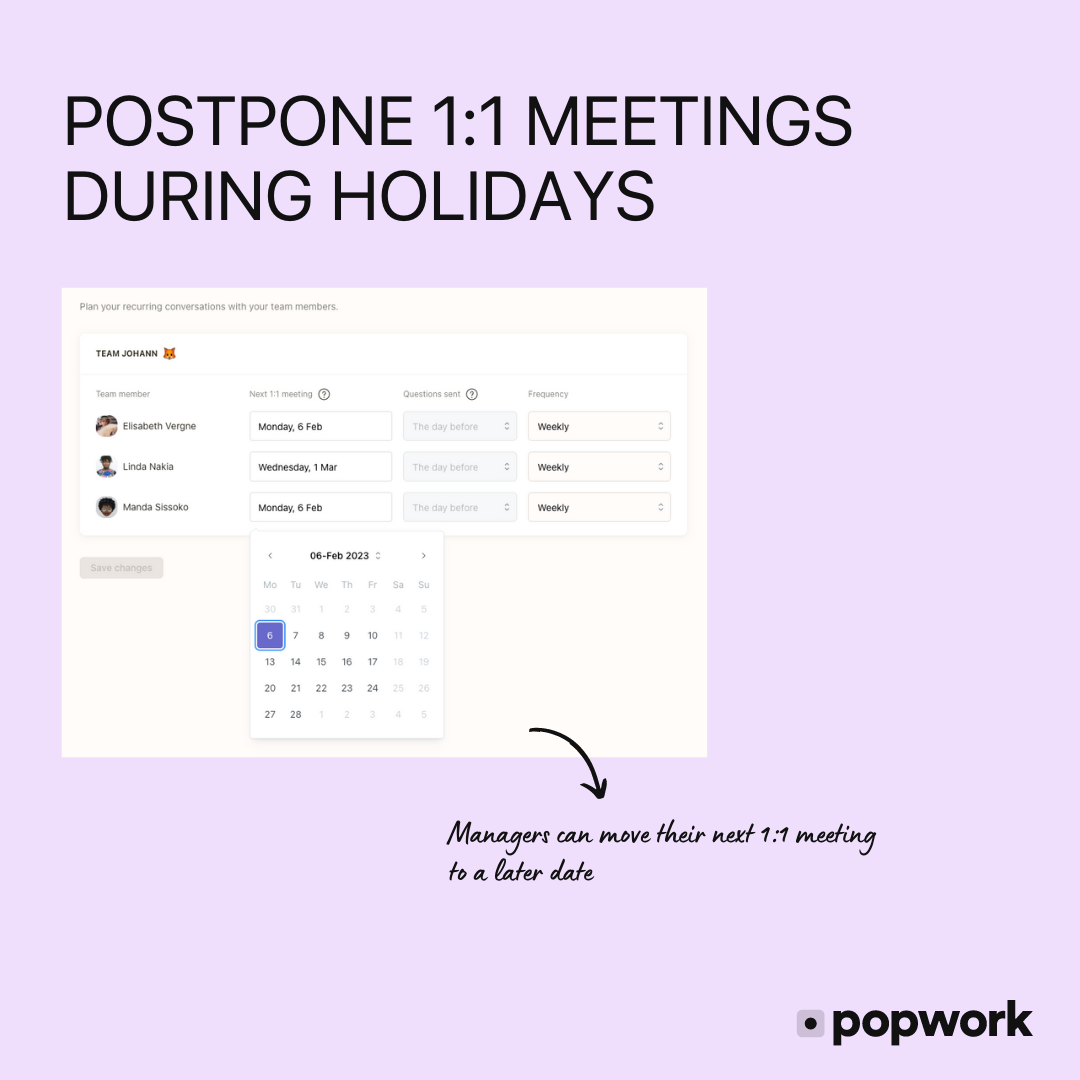 Postpone 1:1 meetings feature on Popwork