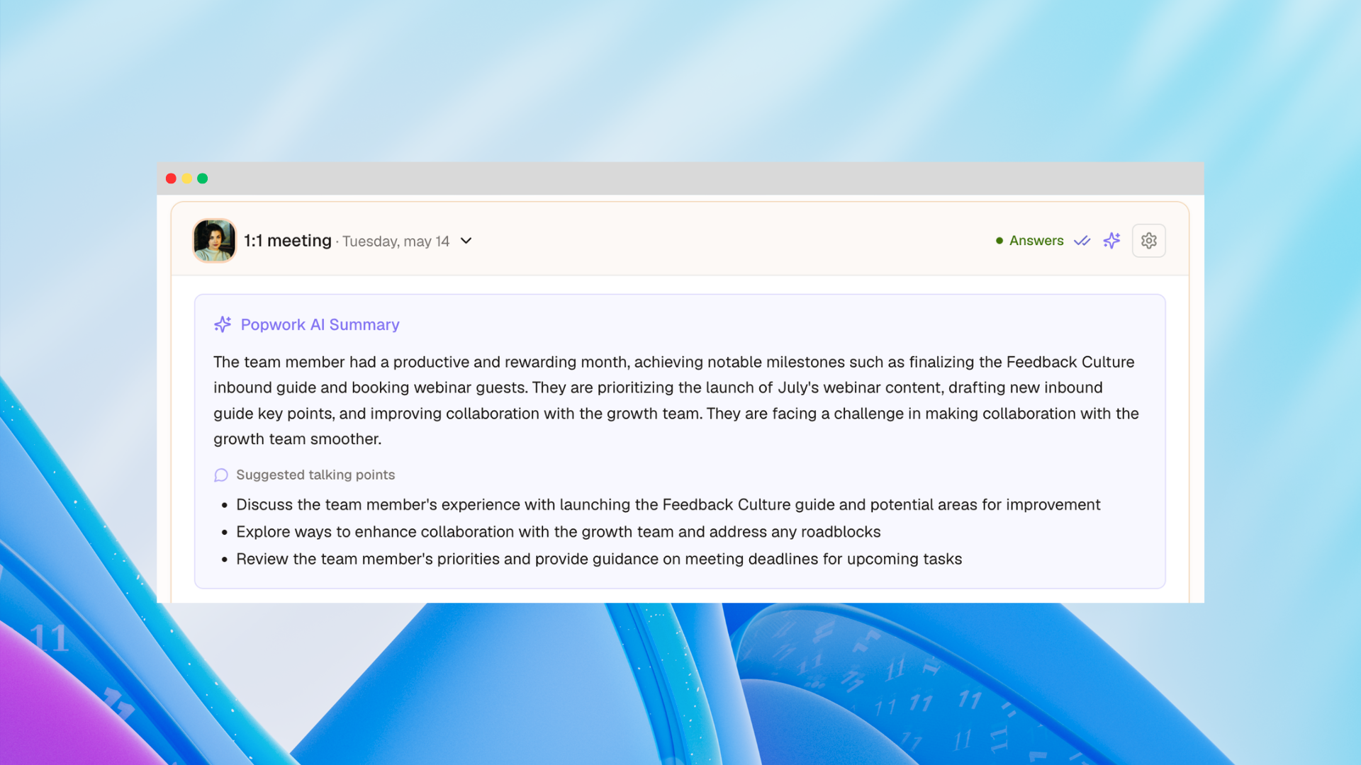 Popwork AI-powered 1-to-1 meetings rituals summary